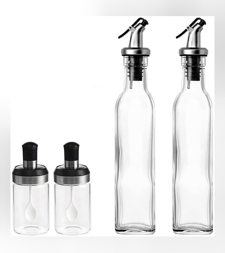 Sticle si Borcane de Ulei de Masline, Flippy, Dozator Set 4 Bucati, 2 Sticle cu Dispenser 500 ml/buc, 2 Borcane pentru Condimente cu Capac si Lingura 120ml/buc, Transparent
