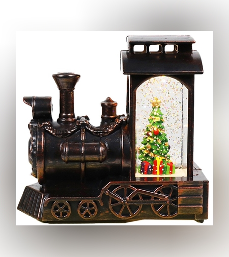 Decoratiune de Craciun tip Locomotiva, Flippy, Glob de Cristal cu Fulgi de Zapada, Model Pom de Craciun, Iluminare LED, 11.5 x 12.5 x 6 cm, Carcasa Vintage Bronze, Transparent