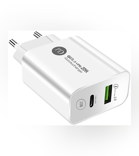 Incarcator Rapid PD QC3.0, Flippy, 2 Porturi, USB + Type C, 20W, Incarcare Rapida, Protectie Supraincalzire, 9.5 x 5.3 x 5.8 cm, Alb