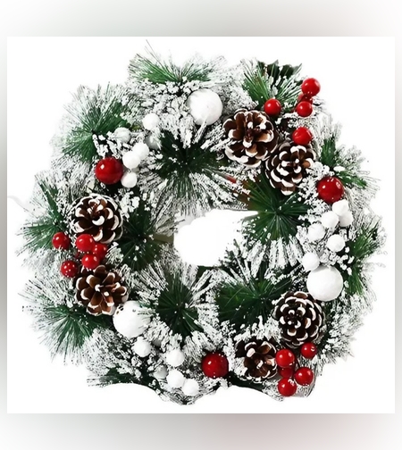 Coronita pentru Craciun Flippy, diametru 32 cm, din brad artificial, decorata cu conuri si merisoare, inzapezit. Verde/Alb