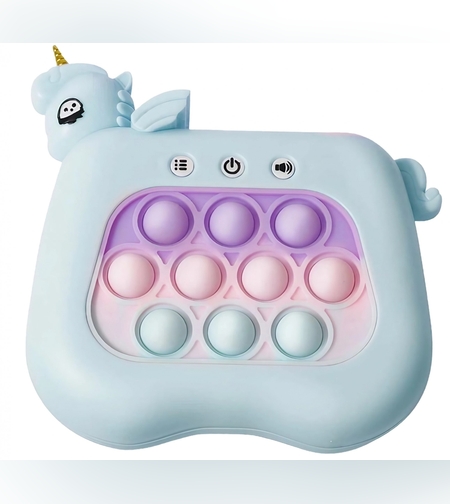 Jucarie Interactiva Tip Consola pentru Copii, Flippy, 12 Nivele, Diferite Moduri de Joc, Material ABS/silicon, cu Nivele, Sunete si Lumini, 13.5 x 5.5 x 12.5 cm, Model Unicorn, Albastru