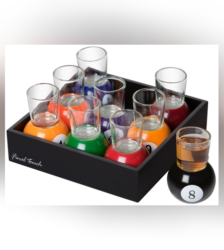 Set 9 pahare de shot Flippy, cu suport tip bila de biliard, detasabil, 30 ml, din sticla, 17 x 17 x 10 cm, multicolor