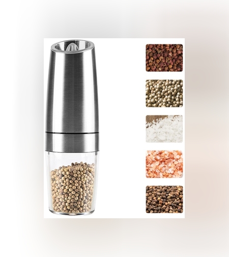 Rasnita Electrica Sare si Piper, Flippy, cu Camera Depozitare Transparenta, Macinare, Functionare pe Baterii, cu Lumina, ABS, 20x6.5 cm, Argintiu/Transparent