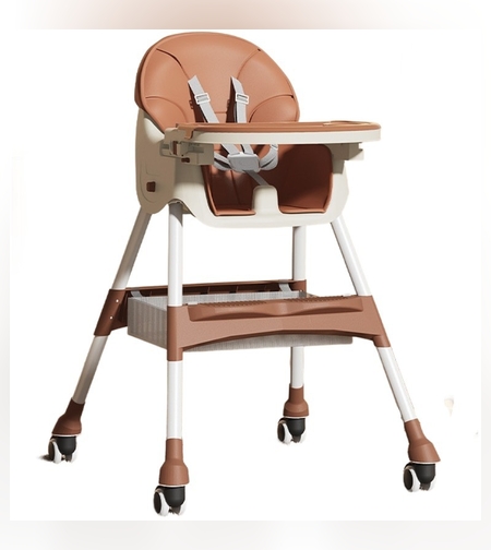 Scaun de Masa pentru Bebelusi si Copii, Flippy, cu Roti, Telescopic, Pliabil, Masuta Reglabila, Suport Picioare, Scaun cu Invelis Piele Artificiala, Centura Siguranta, Spatiu Depozitare, 97x73x65 cm, Maro