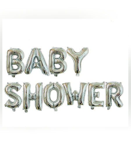 Set Baloane din Folie Metalizata, Flippy, Model Baby Shower, Litere de 40 cm, Baloane Party, Ambalaj Individual, Pai, Ata si Adeziv Incluse, Umflare cu Aer sau Heliu, Argintiu