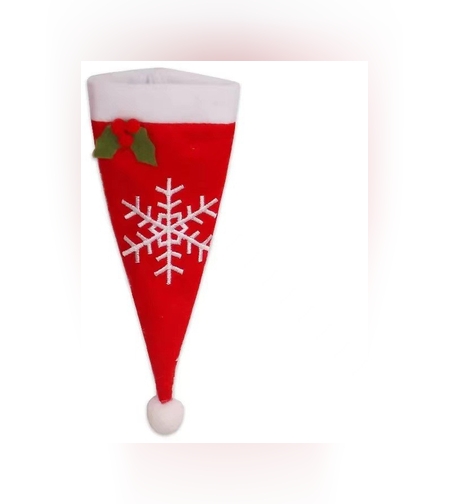 Husa decorativa festiva pentru 3 tacamuri Flippy, model caciulita cu fulg, material textil si poliester, 18 x 7 cm, rosu