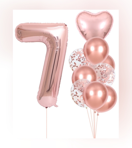 Set 10 Baloane Folie si Latex, Flippy, Tematica Aniversare, Baloane Latex 25cm, Figurina Inimioara 45 cm, Cifra 7 de 81 cm, Ambalaj Individual, Pai Inclus, Umflare cu Aer sau Heliu, Roz Pal