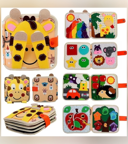 Carte Senzoriala Educativa Montessori 7in1, Flippy, Dezvoltare Abilitati Motorii, 8 Pagini, 3D, cu Elemente Detasabile, Model Girafa, 21x21x8 cm, Maro