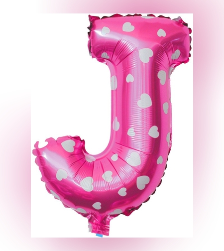 Balon Folie Metalizata Litera J, Flippy, 40 cm, Cu Imprimeu Inimioare, Umflati cu Heliu sau Aer, Ambalaj Individual, Pai inclus, Roz
