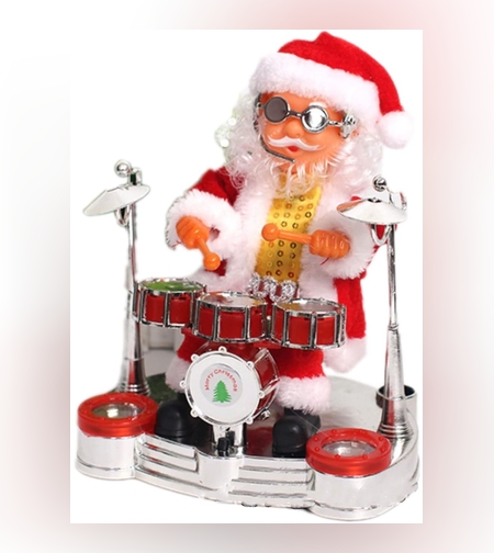 Decoratiune Mos Craciun, Flippy, Animat, care Canta si Danseaza, cu Tobe, Imbracat Festiv, 20x17 cm Inaltime, Rosu