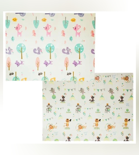 Covoras pentru Copii, Flippy, cu 2 Fete, Model Caprioare/Circ, din XPE+PE, Impermeabil, Antiderapant, Protectie Termica, +3 Luni, Pliabil, 150 x 200 x 1 cm, Multicolor