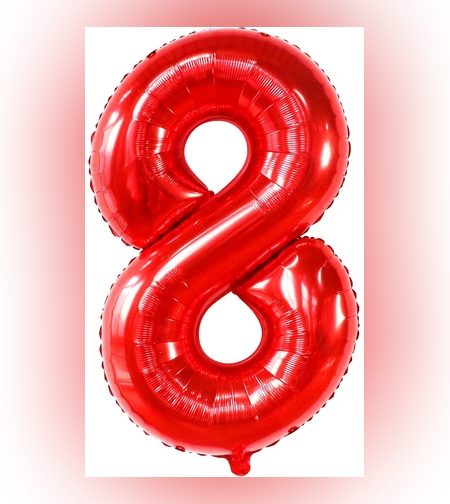 Balon din Folie Metalizata Flippy, Figurina Cifra, Tema Aniversare 80 cm, Ambalaj Individual, Pai inclus, Umflare cu Aer sau Heliu, Rosu, Cifra 8
