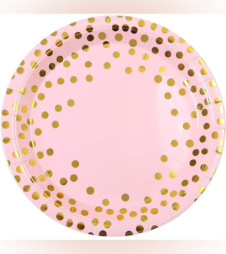 Set 10 Farfurii Unica Folosinta, Flippy, Imprimeu cu Buline, din Carton, Diametru 18 cm, Roz/Auriu