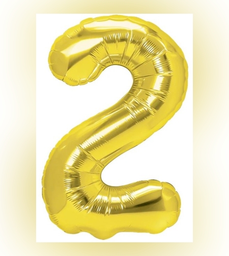 Balon din Folie Metalizata Flippy, Figurina Cifra, Tema Aniversare 40 cm, Ambalaj Individual, Pai inclus, Umflare cu Aer sau Heliu, Auriu, Cifra 2