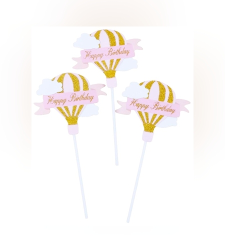 Set 3 Toppere pentru Tort, Flippy, Model Balon cu Aer Cald Happy Birthday, Tematica Aniversare, Roz