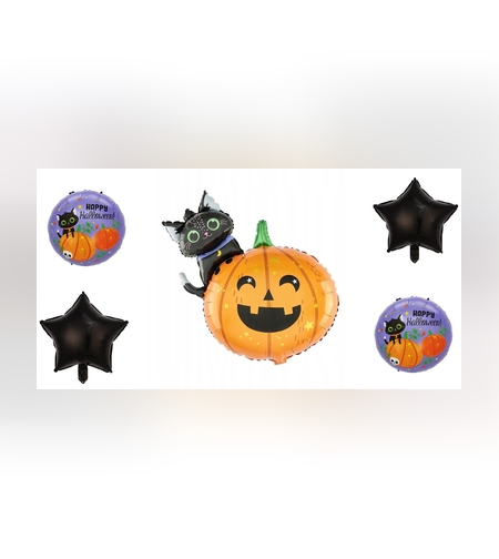 Set 5 Baloane din Folie Metalizata, Flippy, Figurine, Tema Halloween, Pai Inclus, Ambalaj Individual, Umflare cu Aer sau Heliu, Figurina Dovleac si Pisica 84x69 cm, Stelute si Cerculete 45 cm, Multicolor