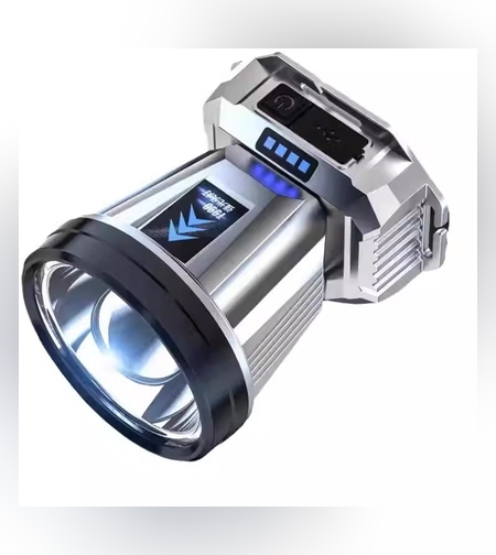 Lanterna Power Bank LED, Flippy, cu Suport pentru Cap, Incarcare USB, Raza 100-200m, 5W, 3 Trepte de Lumina, Afisaj Baterie, Argintiu