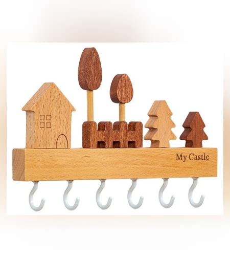 Suport pentru Chei, Flippy, din Lemn, Aplicare fara Perforare, Adeziv Inclus, 6 Carlige Albe, Model Casuta, Greutate Suportata 5 kg, 14.5 x 2 x 22.5 cm, Maro