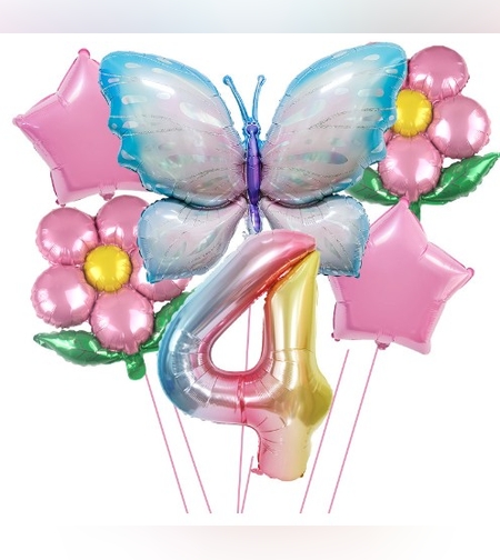Set baloane aniversare cu numere, din folie de aluminiu, 6 piese, 2 flori, 2 stelute, 1 fluture, 1 cifra, Multicolor, Cifra 4