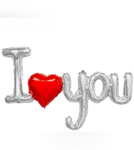 Balon din Folie Metalizata, Figurine Litere si Inima, Model I Love You, Tema Ziua Indragostitilor, 54x97 cm, Ambalaj Individual, Pai Inclus, Umflare cu Aer sau Heliu, Argintiu/Rosu
