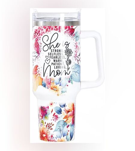 Cana Termos din Plastic, Flippy, pentru Bauturi Calde si Reci, cu Maner, Imprimeu Floral, cu Mesaj pentru Mama, Alb, 10x7.6x27.5 cm