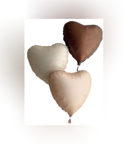 Set 3 Baloane din Folie Metalizata, Flippy, Figurine Inimi, Tema Ziua Indragostitilor, 45 cm, Ambalaj Individual, Pai Inclus, Umflare cu Aer sau Heliu, Crem/Maro
