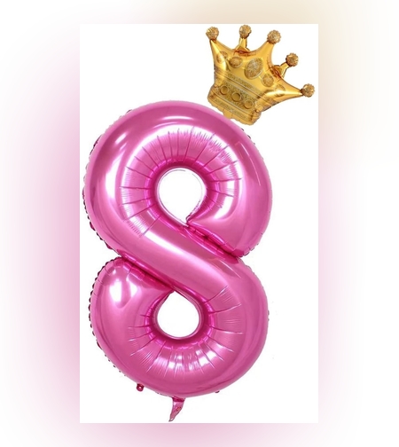 Balon din Folie Metalizata Flippy, Figurina Cifra si Coroana, Tema Aniversare 100 cm, Ambalaj Individual, Pai inclus, Umflare cu Aer sau Heliu, Roz, Cifra 8