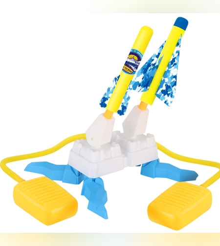 Jucarie pentru Copii, Flippy, Lansator de Rachete cu Piciorul, Doua Lansatoare, 4 Rachete Fara Lumini, 2 Aircrafts, 33x25x27 cm, Galben-Albastru