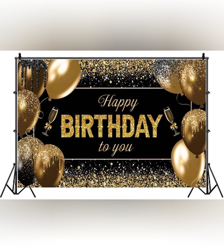 Banner Tip Fundal pentru Poze, Flippy, din Panza, 185 x 110 cm, Sfoara 6 m, Prindere in 4 Colturi, Happy Birthday to You, Negru/Auriu