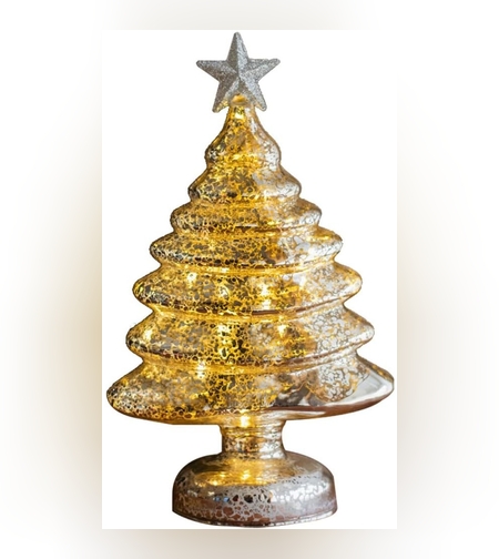 Decoratiune de Craciun, Flippy, Model Brad cu Stea, din Sticla, Lumini, Baterii 3 AA, 22 x 9 cm, Auriu