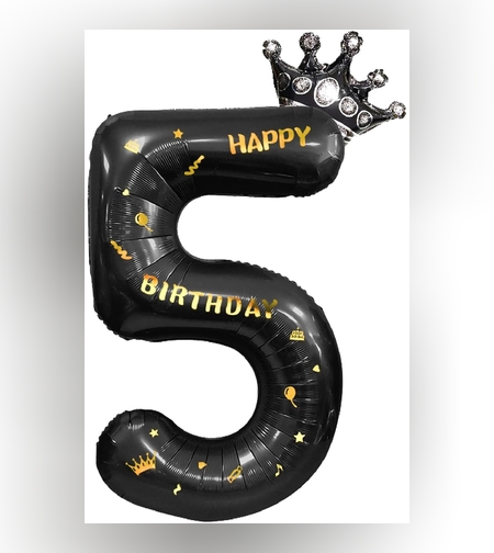 Balon din Folie Metalizata Flippy, Figurina Cifra si Coroana, Scris Happy Birthday, Tema Aniversare 100 cm, Ambalaj Individual, Pai inclus, Umflare cu Aer sau Heliu, Negru, Cifra 5