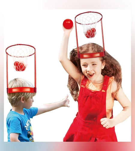 Set Interactiv pentru Copii, Flippy, Joc cu Doua Cosuri de Baschet de Pus pe Cap, Joc Dublu, 20 de Mingi Albe si Rosii, Multicolor