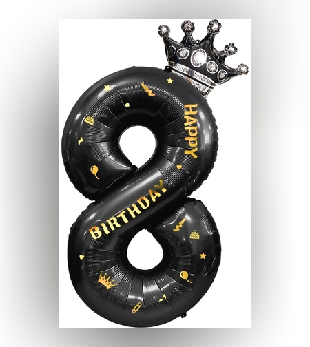 Balon din Folie Metalizata Flippy, Figurina Cifra si Coroana, Scris Happy Birthday, Tema Aniversare 100 cm, Ambalaj Individual, Pai inclus, Umflare cu Aer sau Heliu, Negru, Cifra 8