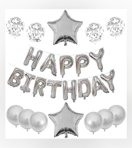 Set 25 de Baloane din Folie Metalizata si Latex, Flippy, Figurine 2 Stele, 4 Baloane Confetti, 13 Litere, 6 Latex, Model Happy Birthday, Tema Aniversare, 40 cm, Ambalaj Individual, Pai Inclus, Umflare cu Aer sau Heliu, Argintiu