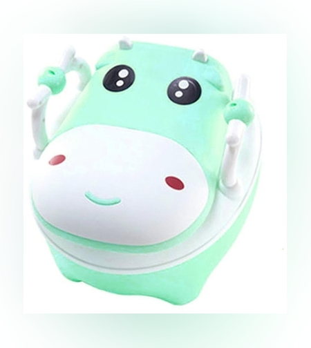 Olita pentru Copii, Flippy, +1an, Portabila, Design Vacuta cu Capac, Model Prietenos, Non-Toxic, cu Manere, Compartiment Detasabil, Perie Inclusa, Usor de Curatat, Verde