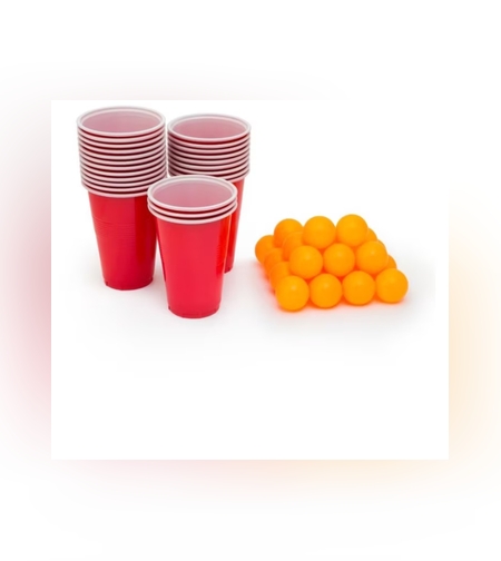 Joc de Baut BEER PONG, Flippy, Set din 12 Mingi de Tenis si 12 Pahare Reutilizabile, Joc Interactiv pentu Adulti, Albastru Rosu