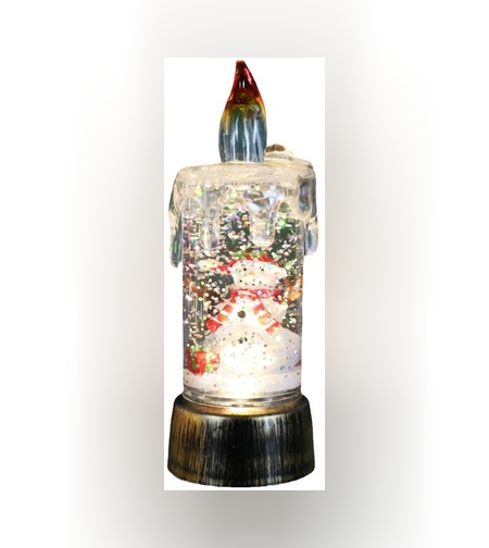 Decoratiune de Craciun tip Lumanare, Flippy, Lumanare de Cristal cu Fulgi de Zapada, Model Om de Zapada cu Sclipici, Iluminare LED, 13 x 5 x 5 cm, Baza Vintage Bronze, Transparent