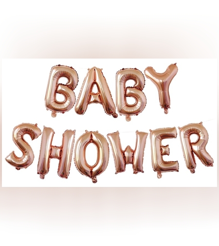 Set Baloane din Folie Metalizata, Flippy, Model Baby Shower, Litere de 40 cm, Baloane Party, Ambalaj Individual, Pai, Ata si Adeziv Incluse, Umflare cu Aer sau Heliu, Rose Gold