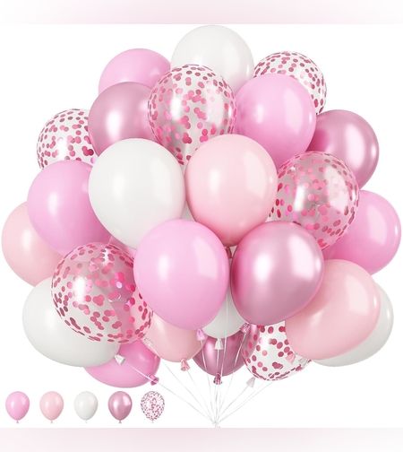 Set 16 Baloane din Latex Metalizate, Flippy, Model Party, 30 cm, Alb, Roz, Roz Chrome, Transparent Confetti 2.8 g
