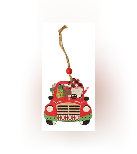 Decoratiune de Craciun din Lemn, Flippy, cu Snur pentru Agatare in Brad, Model Masina lui Mos Craciun, Scris HoHoHO, 8x8x0.4 cm, Multicolor