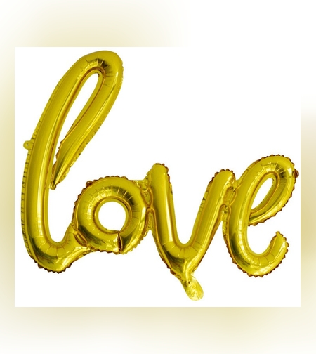 Balon din Folie Metalizata, Flippy, Model Love scris de mana, 102x65 cm, Tematica Ziua Îndrăgostiților, Ambalaj Individual, Pai Inclus, Umflare cu Aer sau Heliu, Auriu