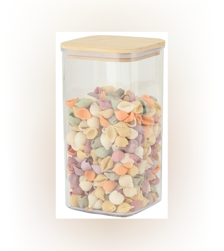 Cutie de Depozitare Alimente, Flippy, Cutie de tip Container, Cutie pentru Cereale, din Plastic, Capac din Bambuc, 10 x 10 x 19 cm, Volum 1.2l, Transparent