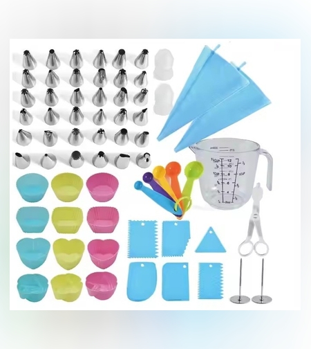 Set 63 Piese Ustensile pentru Ornare Prajituri, Flippy, din Plastic si Otel Inoxidabil, Forme Briose, Multicolor