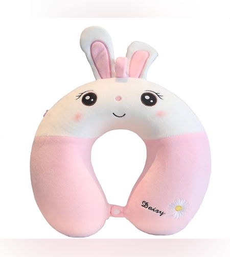 Perna de Calatorie in Forma de U, Flippy, Pentru Gat si Cap, Umplutura din Spuma cu Memorie, 30x30 cm, Model Iepuras, Accesoriu de Voiaj, Birou, Masina, Sistem Prindere Capse, Roz-Alb