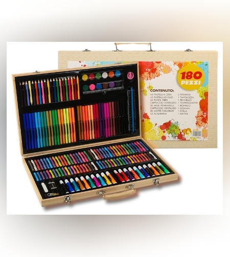 Set 180 Piese pentru Desen si Pictura, Flippy, Tip Servieta din Lemn, Model Natur, 46 x 30.9 x 4.1 cm, Multicolor