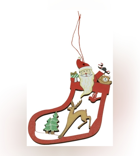 Ornament de brad Mos Craciun cu cerb, Flippy, multicolor, lemn, 10 cm