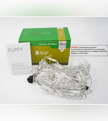 Sectiune Instalatie de Craciun Flippy, Tip Plasa, 120 LED-uri, 1.5 x 1.5 m, 8 jocuri de lumini, Interconectabila, Fir transparent, Alb cald