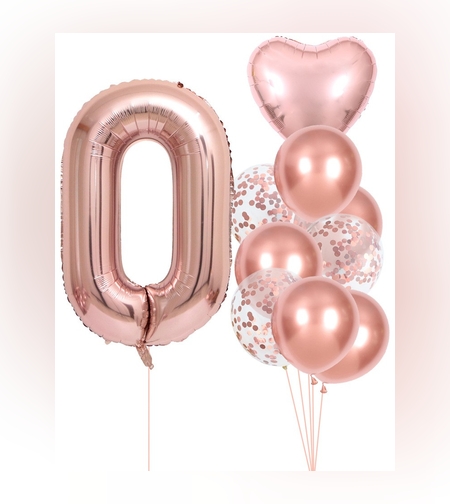 Set 10 Baloane Folie si Latex, Flippy, Tematica Aniversare, Baloane Latex 25cm, Figurina Inimioara 45 cm, Cifra 0 de 81 cm, Ambalaj Individual, Pai Inclus, Umflare cu Aer sau Heliu, Roz Pal