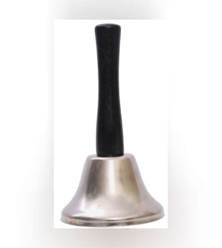 Clopotel de mana, argintiu, metalic, maner de lemn, lungime 12 cm, diametru 5cm, Flippy