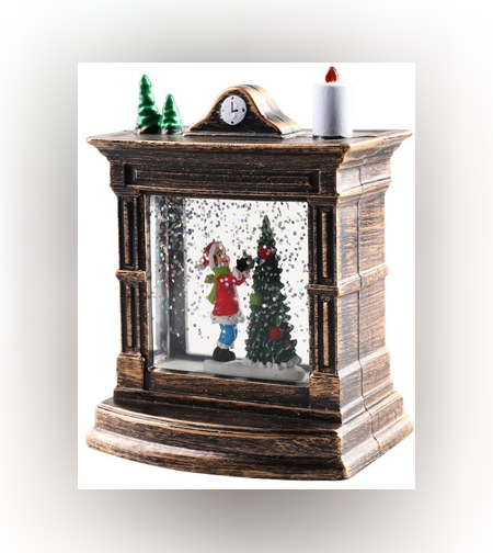 Decoratiune de Craciun tip Semineu / Ceas, Flippy, Glob de Cristal cu Fulgi de Zapada, Model Elf, Iluminare LED, 11.5 x 8.5 x 6.5 cm, Carcasa Vintage Bronze, Transparent